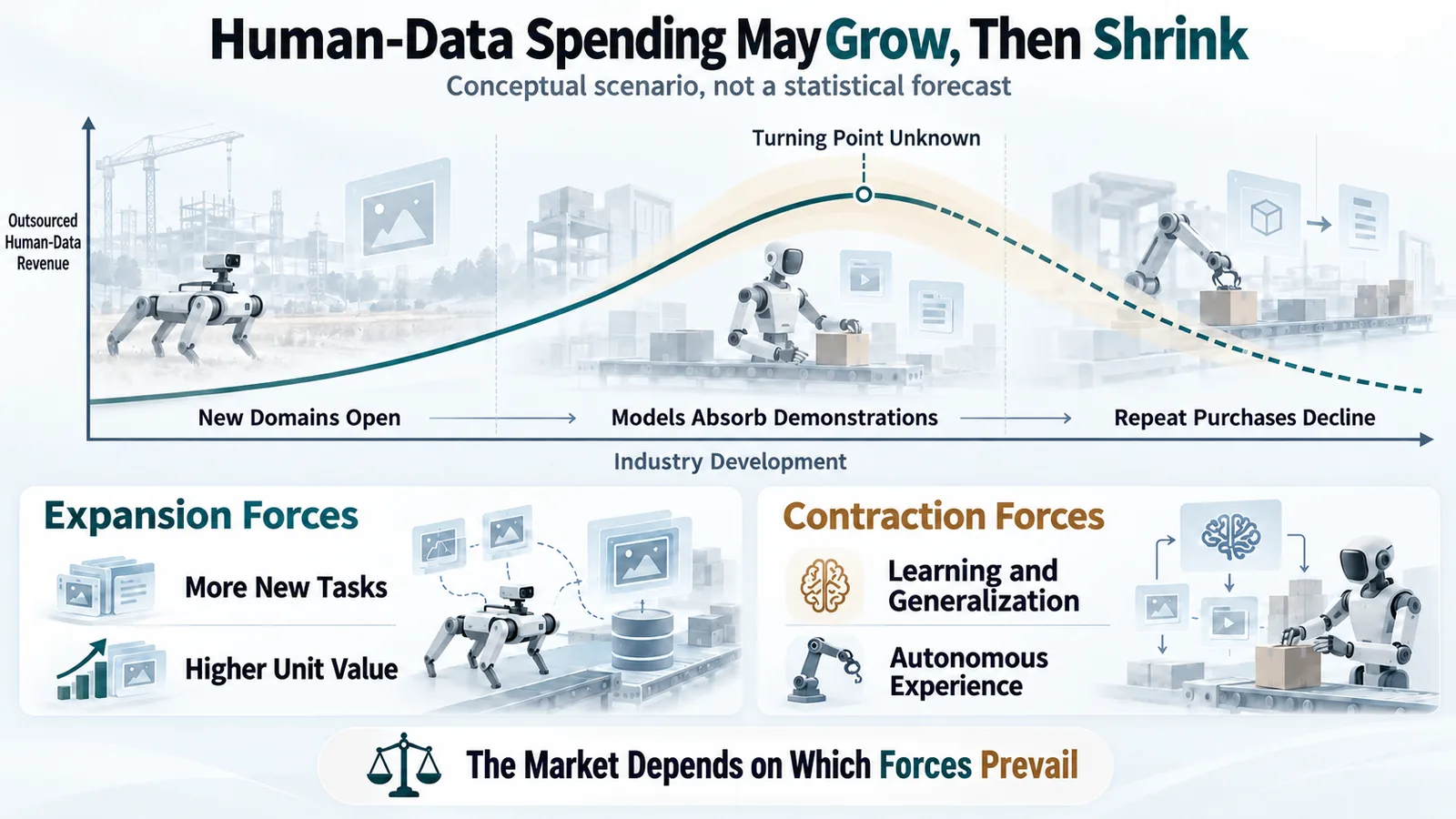 Conditions and mechanisms behind a human-experience procurement market that expands before contracting