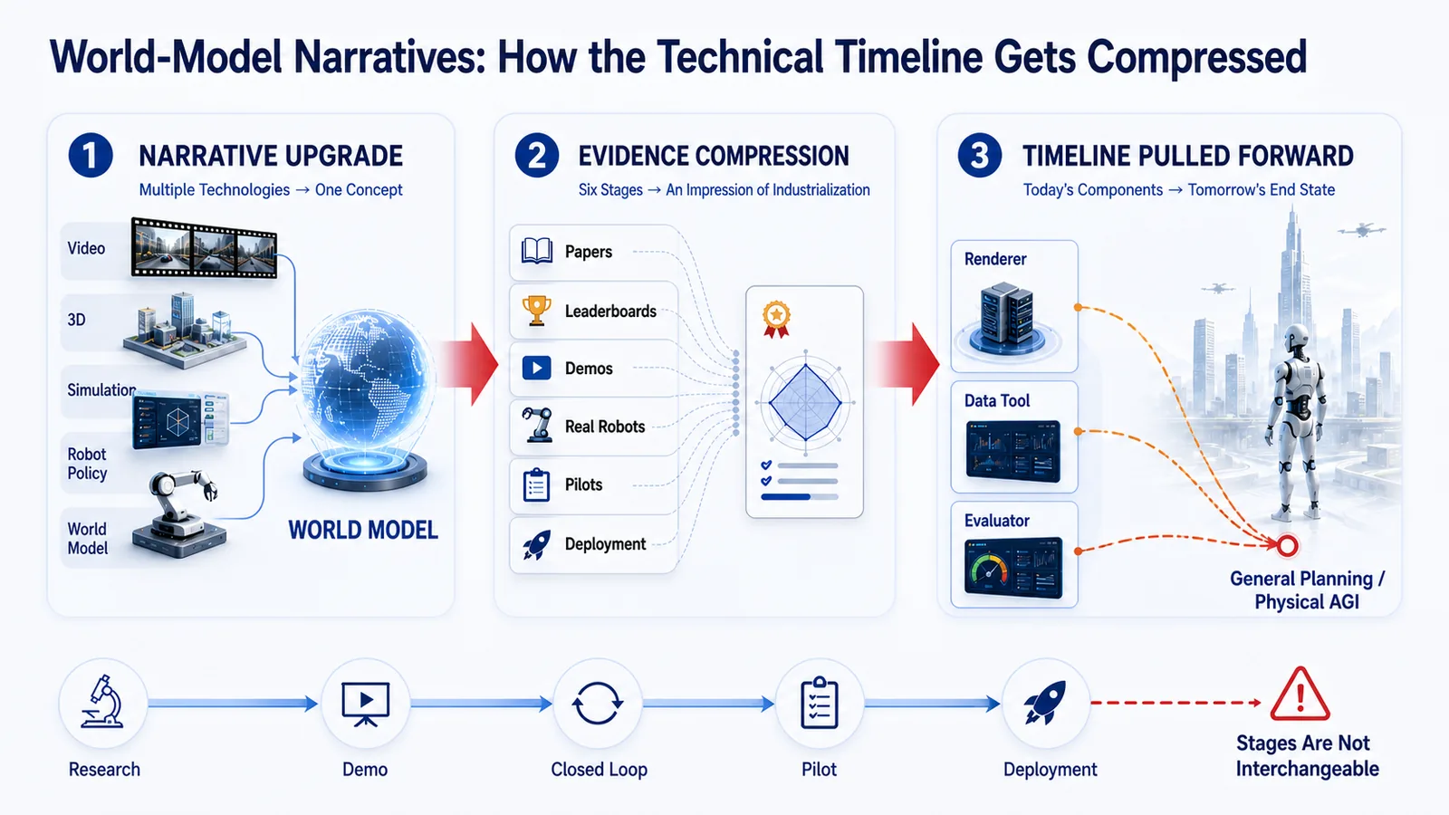 Three ways world-model narratives compress the technical timeline