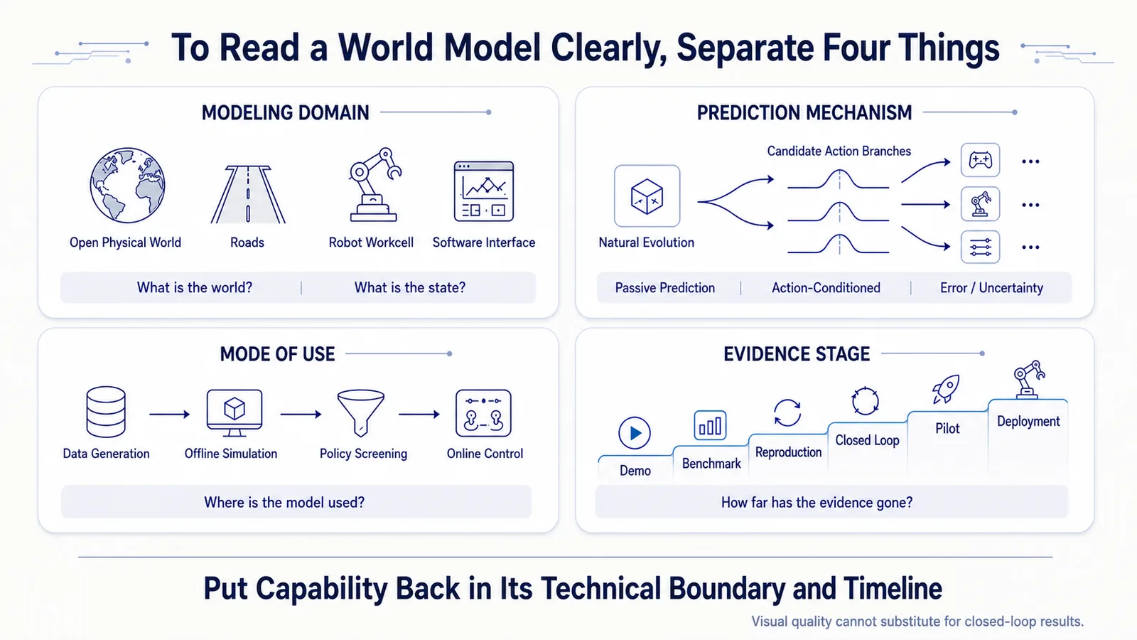 Four dimensions for observing world models